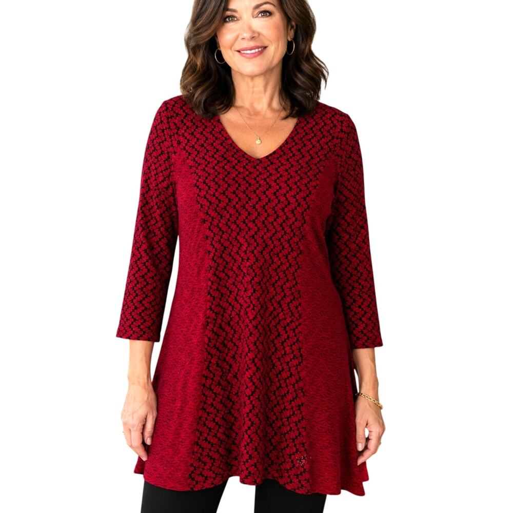Tianello Red Jacquard Payton Tunic Womens Medium Knit Lagenlook Top Mixed Print